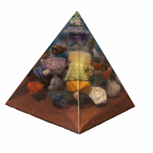 Piramide met ruwe Robijn in Zoïsiet en 20+ edelstenen – symbool van vitaliteit, hartkracht en bescherming.