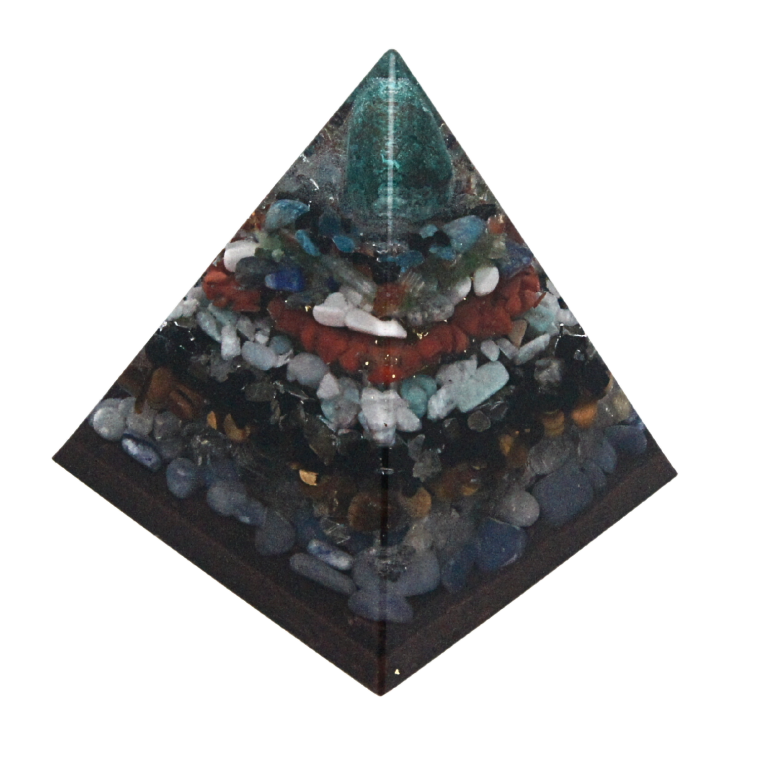 Piramide met Chrysocolla en 17+ edelstenen – symbool van rust, heling en communicatie