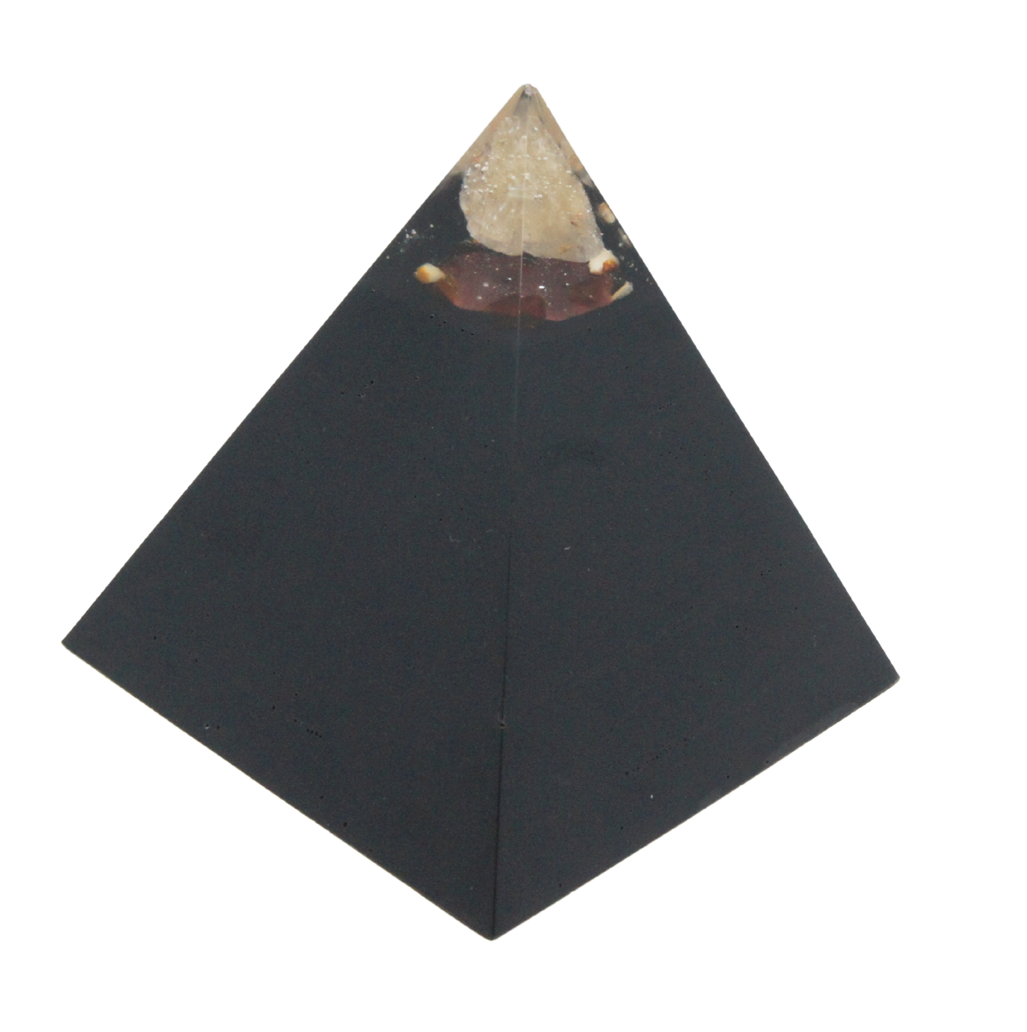 Mystical Black piramide met Honingcalciet en 22 edelstenen – symbool van warmte, balans en bescherming.