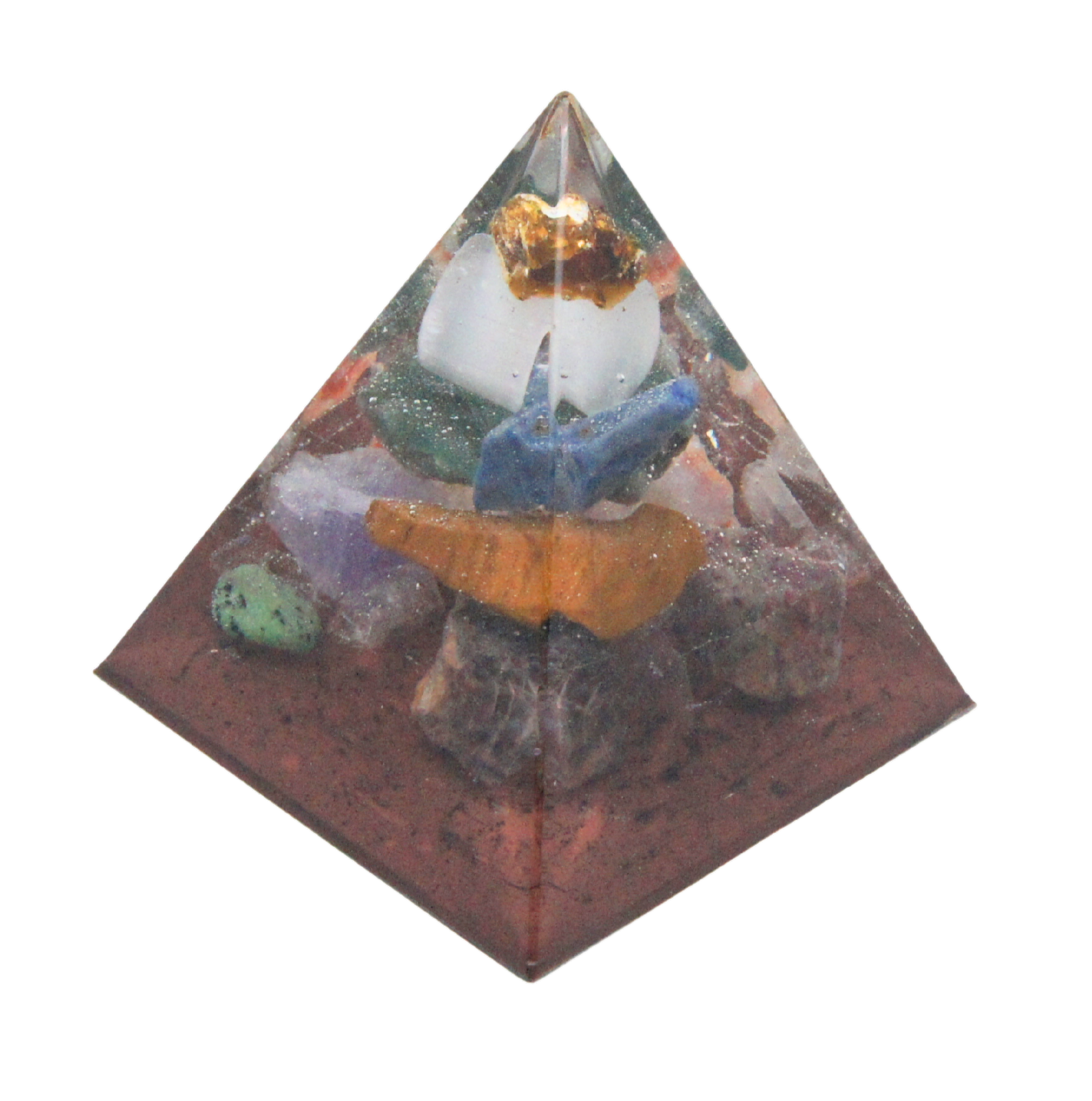 Piramide met ruwe Amber en 12+ edelstenen – symbool van warmte, licht en bescherming