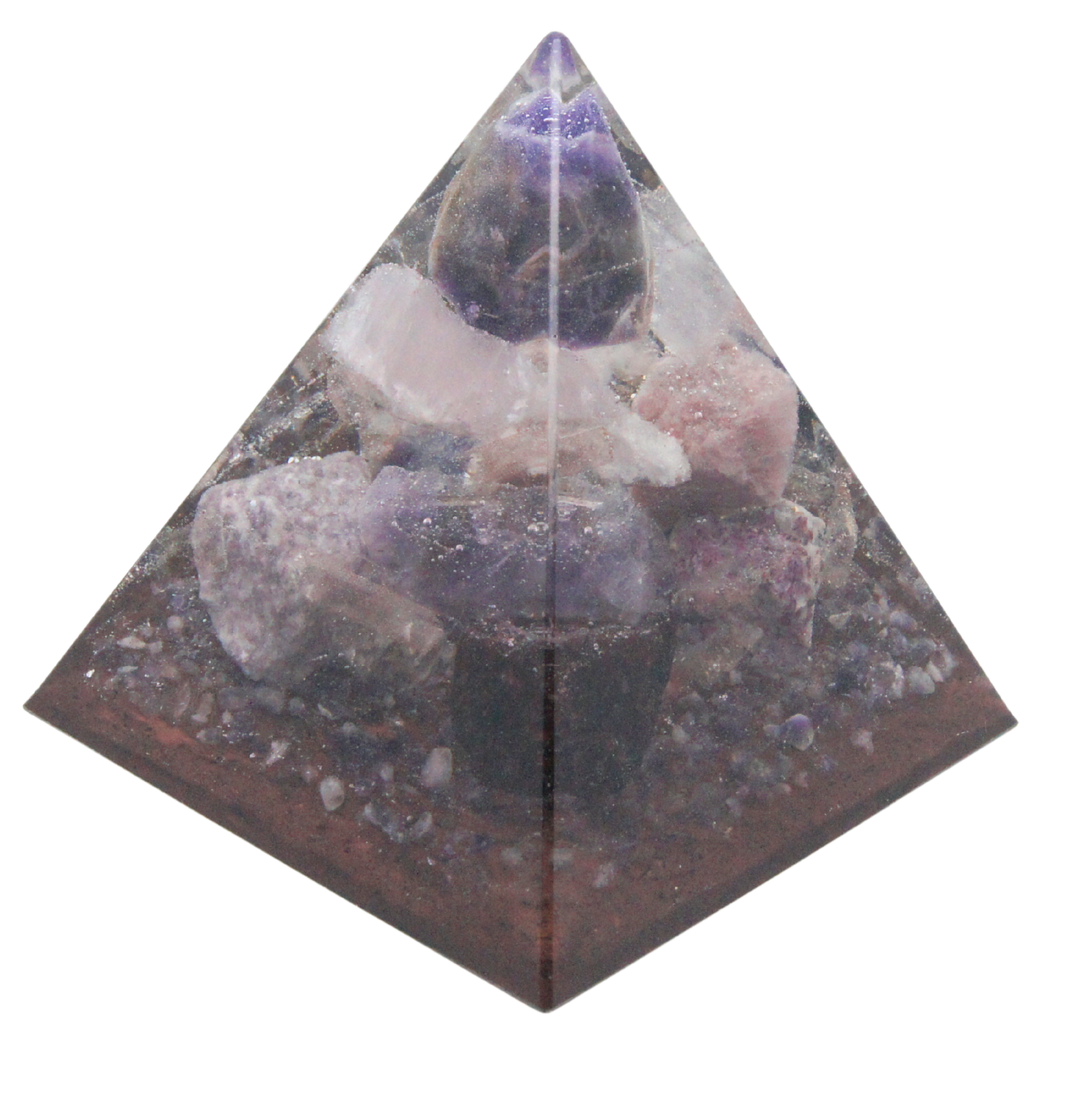 Piramide met ruwe Amethist “Gouden Driehoek” en 12+ edelstenen – symbool van rust, liefde en helderheid.