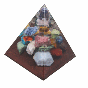 Piramide met ruwe Edelstenen - Amethist op shungiet/koperbasis – symbool van rust, intuïtie en bescherming.