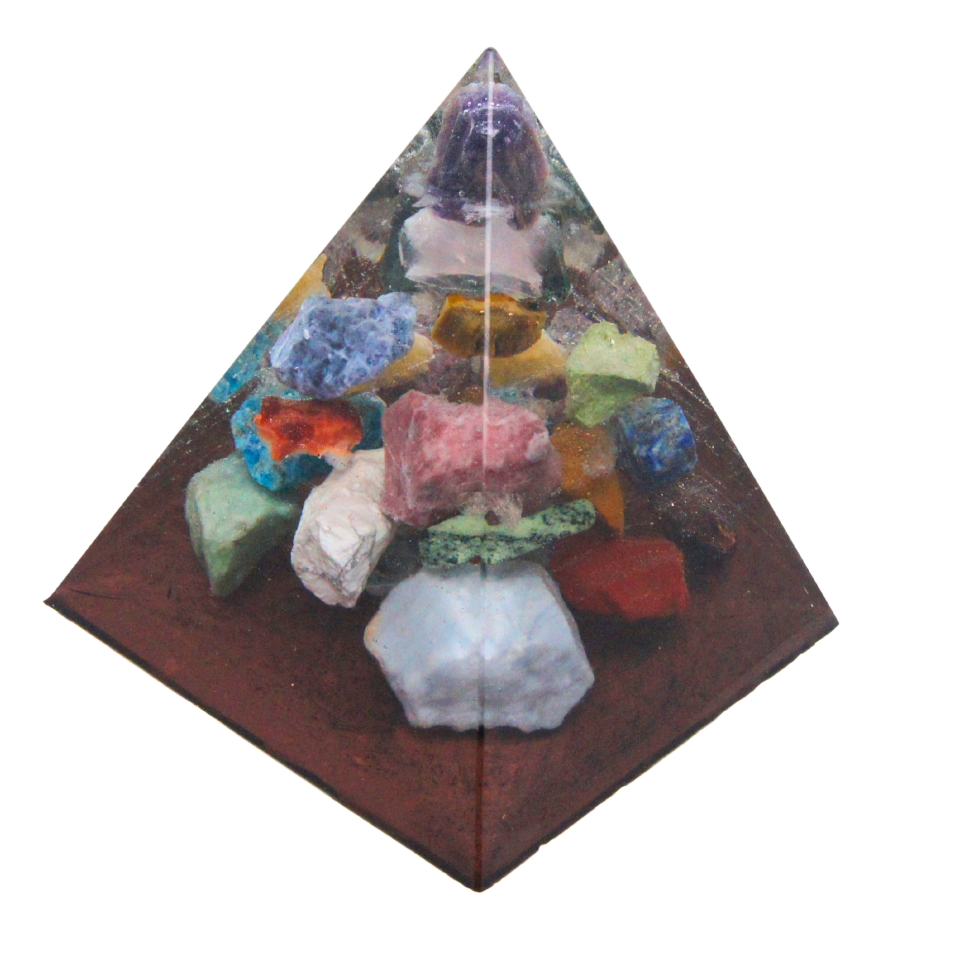 Piramide met ruwe Edelstenen - Amethist op shungiet/koperbasis – symbool van rust, intuïtie en bescherming.