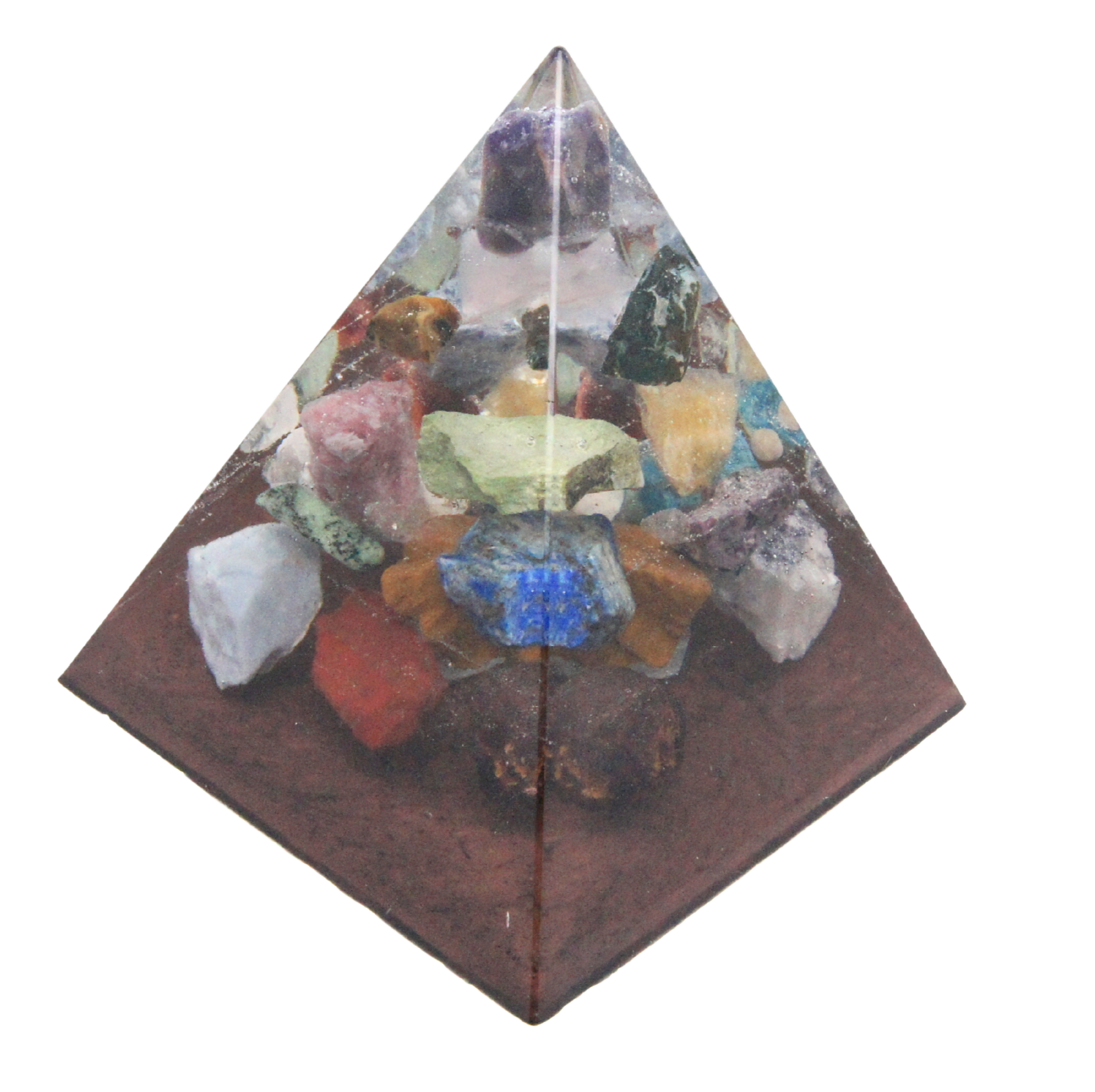 Piramide met ruwe Edelstenen - Amethist op shungiet/koperbasis – symbool van rust, intuïtie en bescherming.