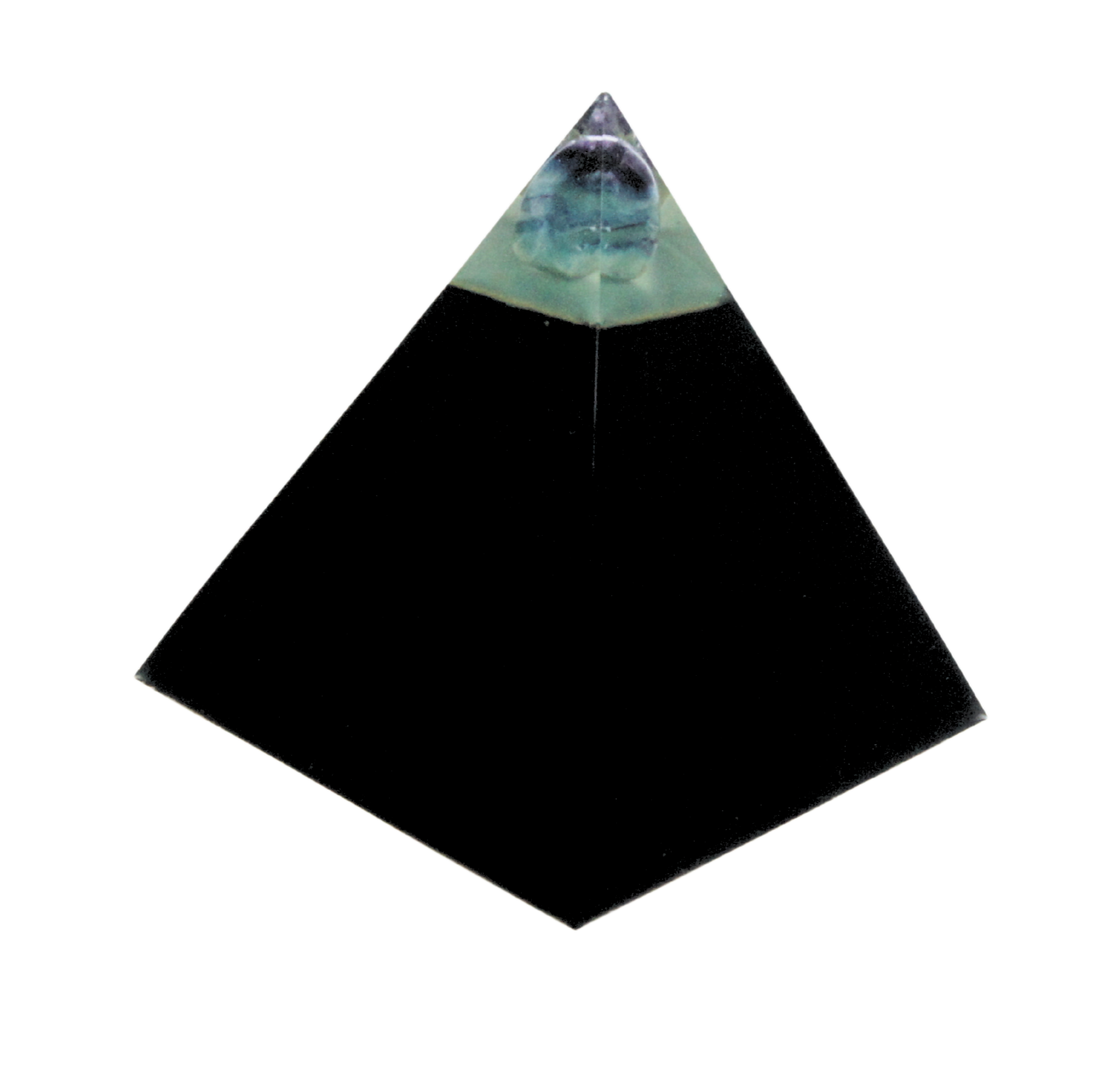 Mystical Black pyramid with Fluorite and 22 gemstones – symbol of clarity, calm and balanced energy.