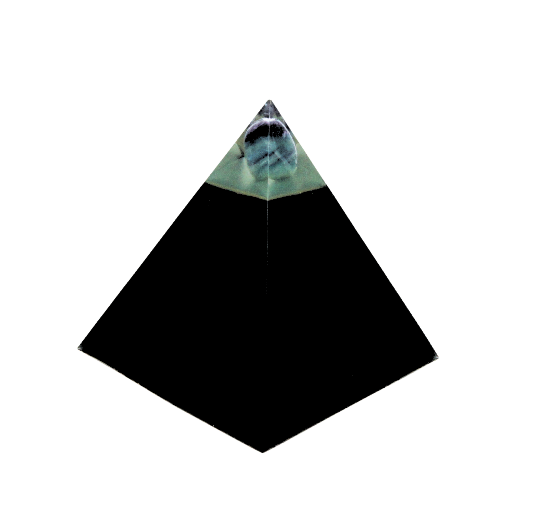 Mystical Black pyramid with Fluorite and 22 gemstones – symbol of clarity, calm and balanced energy.