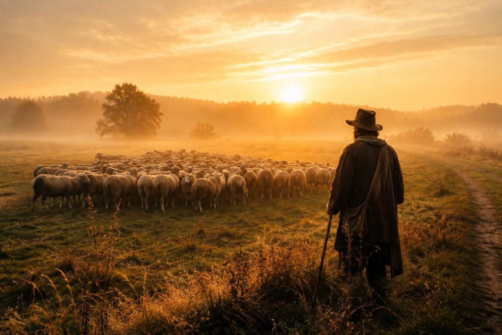 Zacht landschap met een kudde schapen en een eenzame herder in een weiland – symbool voor herinnering, betekenis en innerlijke reflectie.